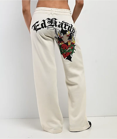 Ed Hardy Sacred Heart Ivory Wide Leg Sweatpants