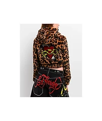 Ed Hardy Sacred Heart Leopard Brown Plush Zip Hoodie