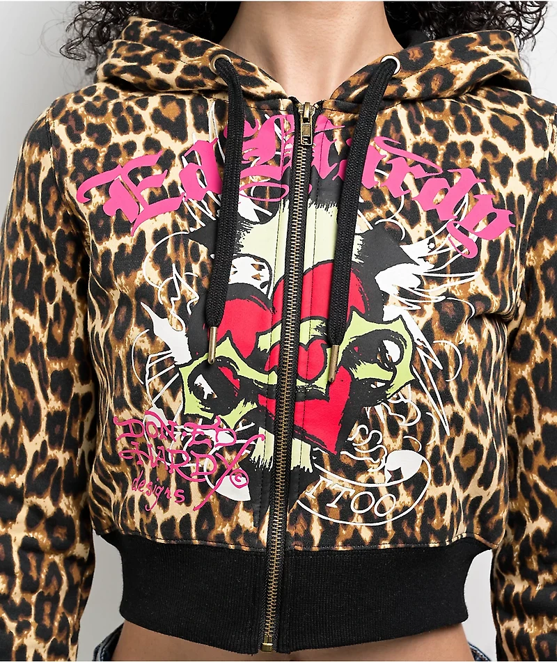 Ed Hardy Sacred Heart Leopard Crop Zip Hoodie