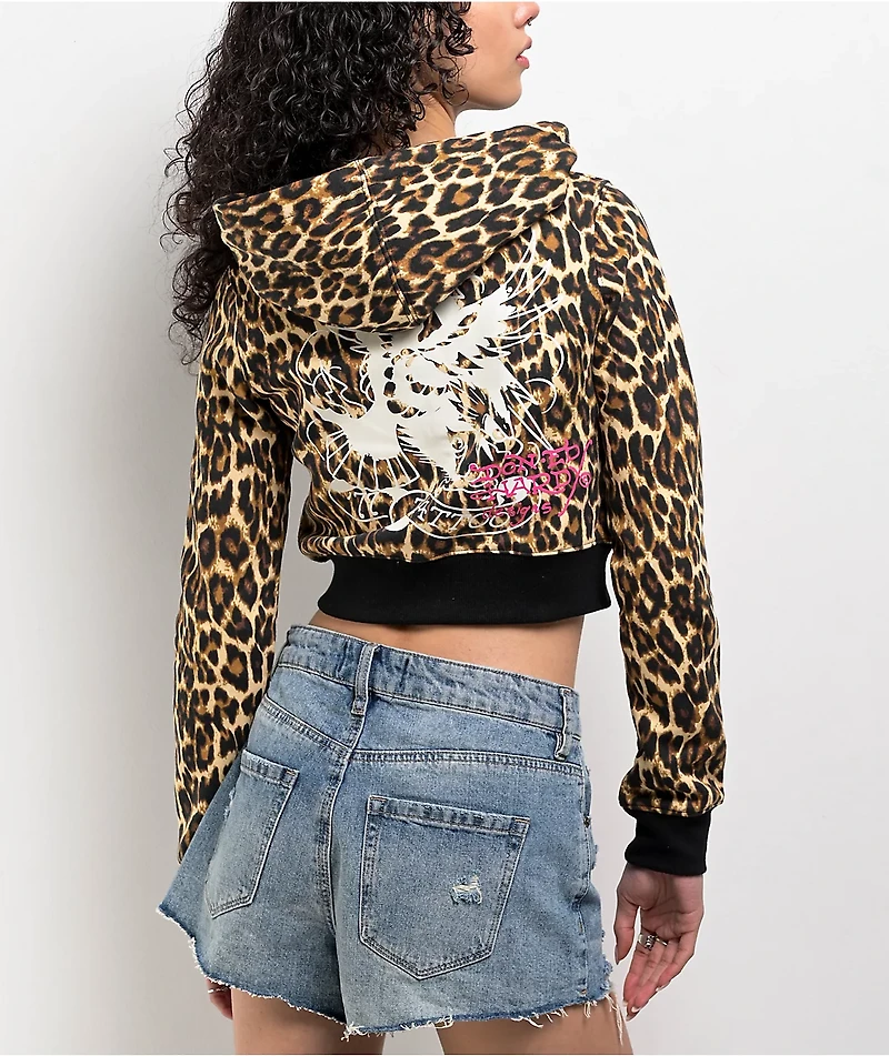 Ed Hardy Sacred Heart Leopard Crop Zip Hoodie