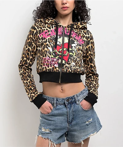 Ed Hardy Sacred Heart Leopard Crop Zip Hoodie