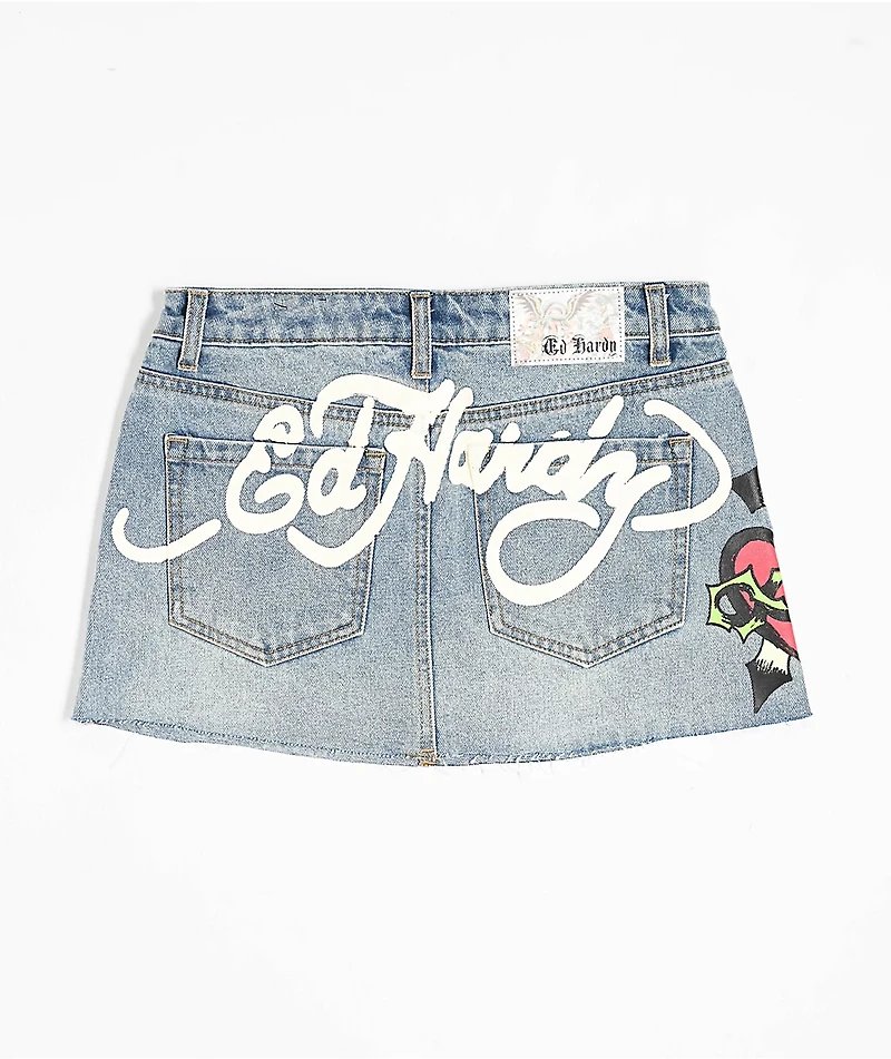 Ed Hardy Sacred Heart Light Wash Cutoff Mini Skirt