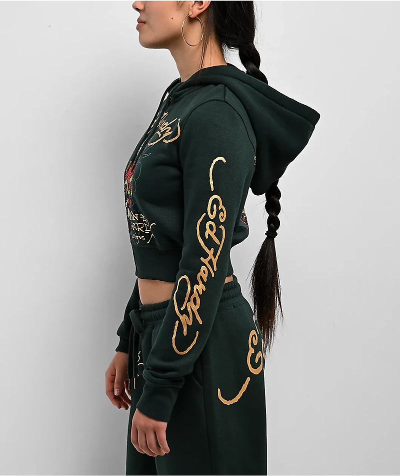 Ed Hardy Sacred Heart Rhinestone Green Cop Zip Hoodie