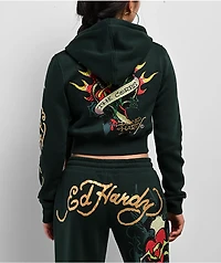 Ed Hardy Sacred Heart Rhinestone Green Cop Zip Hoodie
