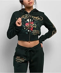 Ed Hardy Sacred Heart Rhinestone Green Crop Zip Hoodie