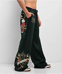 Ed Hardy Sacred Heart Rhinestone Green Wide Leg Sweatpants
