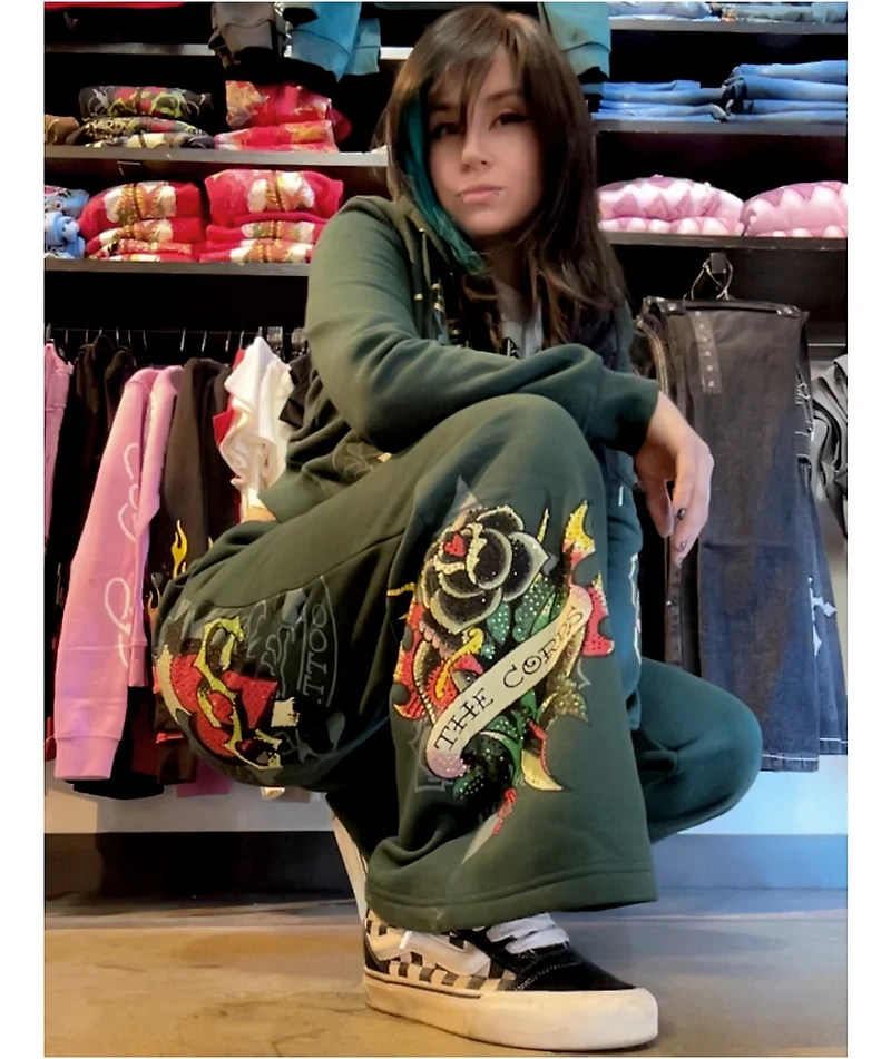 Ed Hardy Sacred Heart Rhinestone Green Wide Leg Sweatpants