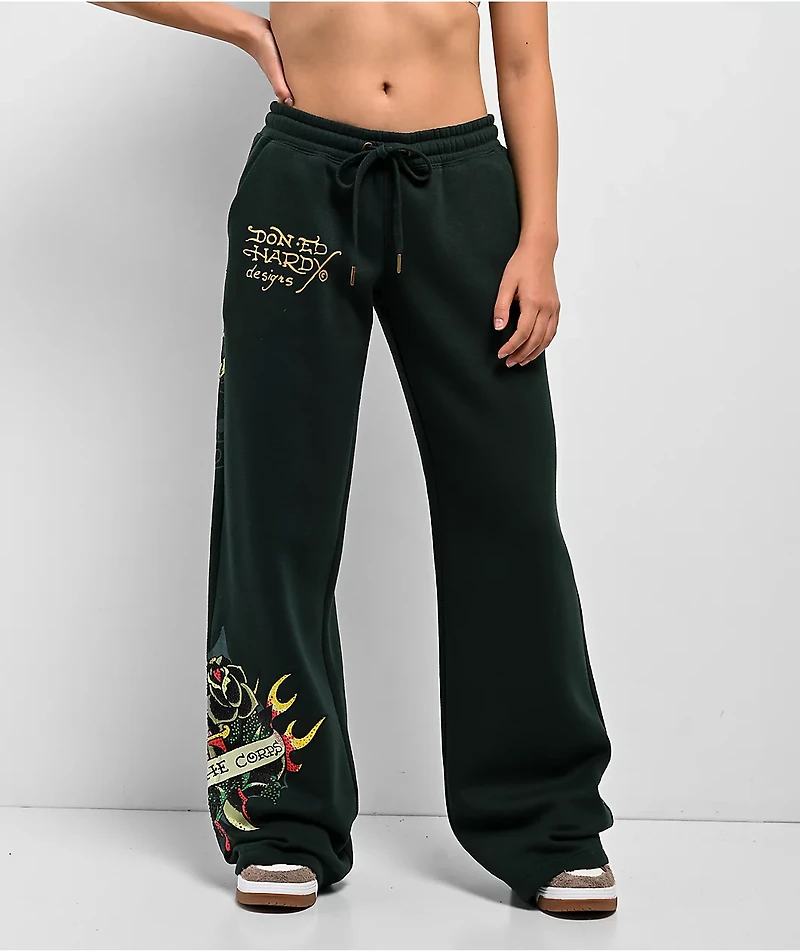 Ed Hardy Sacred Heart Rhinestone Green Wide Leg Sweatpants