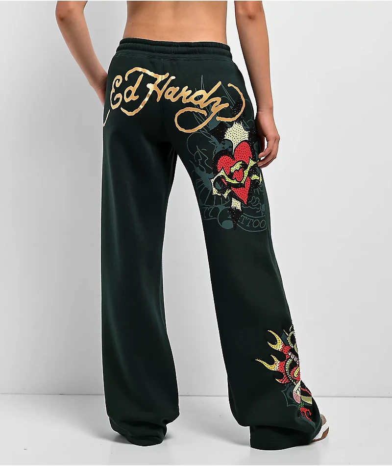 Ed Hardy Sacred Heart Rhinestone Green Wide Leg Sweatpants
