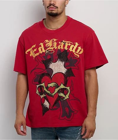 Ed Hardy Sacred Heart Rhinestone Red Boxy T-Shirt