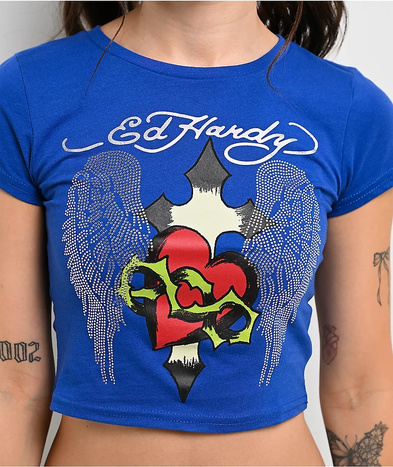 Ed Hardy Sacred Heart Wings Blue Crop T-Shirt