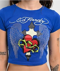 Ed Hardy Sacred Heart Wings Blue Crop T-Shirt