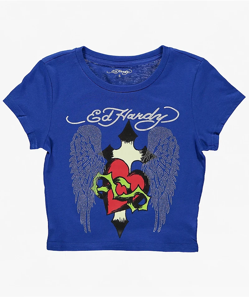 Ed Hardy Sacred Heart Wings Blue Crop T-Shirt