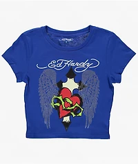 Ed Hardy Sacred Heart Wings Blue Crop T-Shirt
