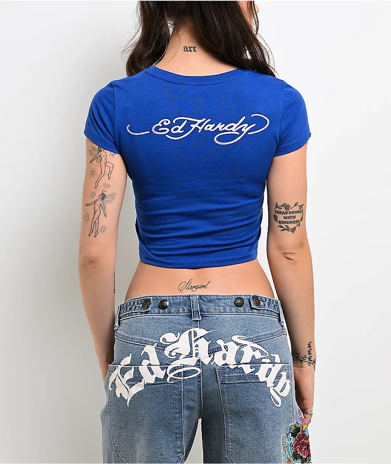 Ed Hardy Sacred Heart Wings Blue Crop T-Shirt