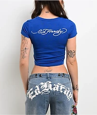 Ed Hardy Sacred Heart Wings Blue Crop T-Shirt