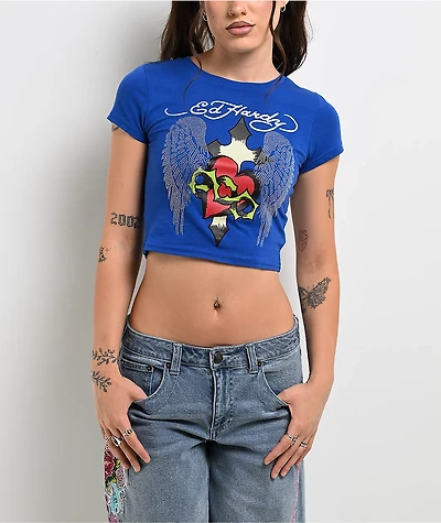Ed Hardy Sacred Heart Wings Blue Crop T-Shirt