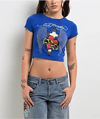 Ed Hardy Sacred Heart Wings Blue Crop T-Shirt