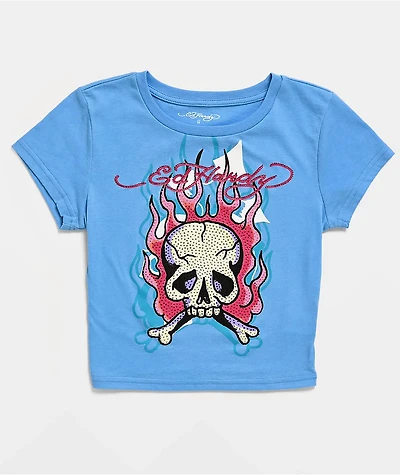 Ed Hardy Skull & Crossbones Blue Crop T-Shirt