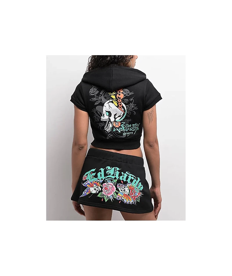 Ed Hardy Skull Black Short Sleeve Crop Zip Hoodie