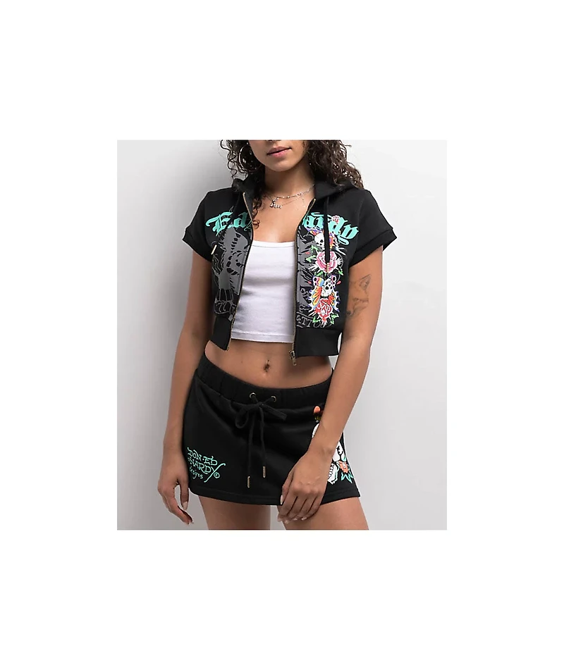 Ed Hardy Skull Black Short Sleeve Crop Zip Hoodie