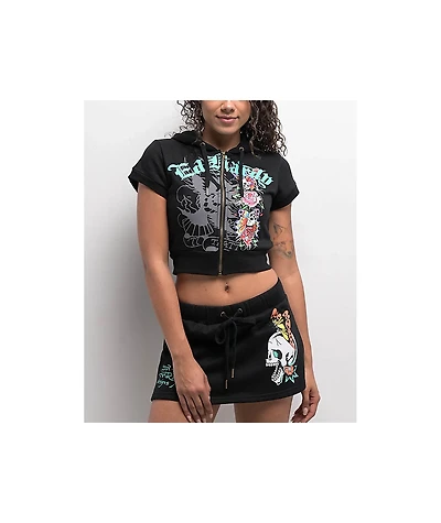 Ed Hardy Skull Black Short Sleeve Crop Zip Hoodie