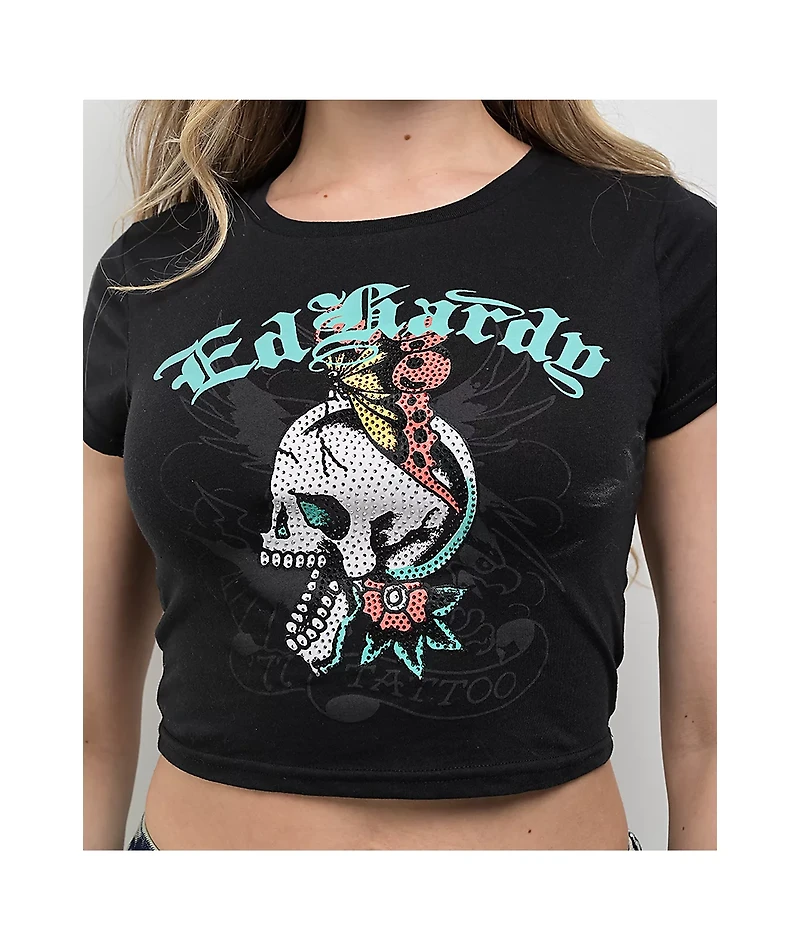 Ed Hardy Skull Butterfly Rhinestone Black Crop T-Shirt