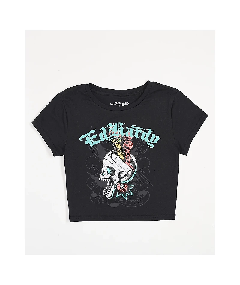 Ed Hardy Skull Butterfly Rhinestone Black Crop T-Shirt
