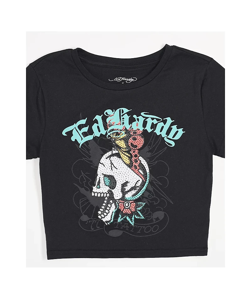 Ed Hardy Skull Butterfly Rhinestone Black Crop T-Shirt