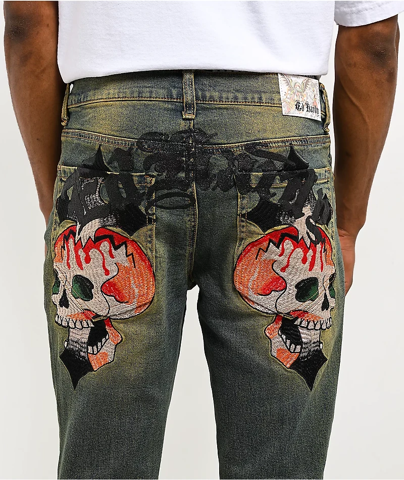Ed Hardy Skull Crosses Blue Wash Bootcut Jeans