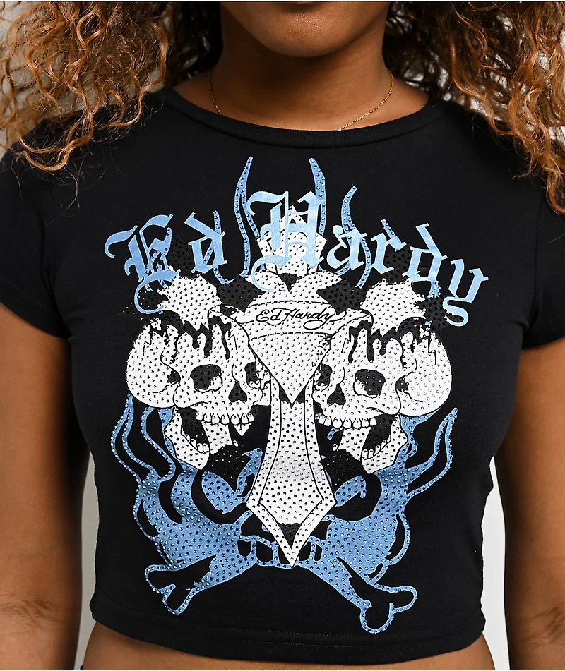 Ed Hardy Skull Crosses Rhinestone Black Crop T-Shirt