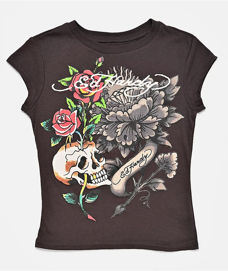 Ed Hardy Skull Roses Espresso Crop T-Shirt