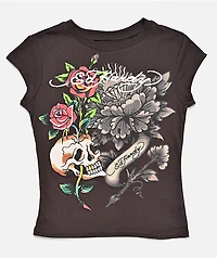 Ed Hardy Skull Roses Espresso Crop T-Shirt