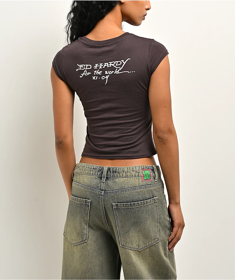 Ed Hardy Skull Roses Espresso Crop T-Shirt