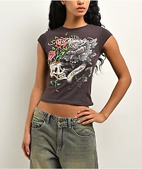 Ed Hardy Skull Roses Espresso Crop T-Shirt