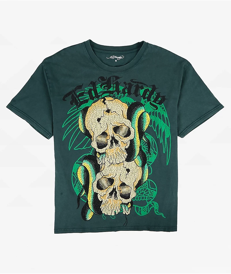 Ed Hardy Skull Snakes Rhinestone Hunter Green T-Shirt
