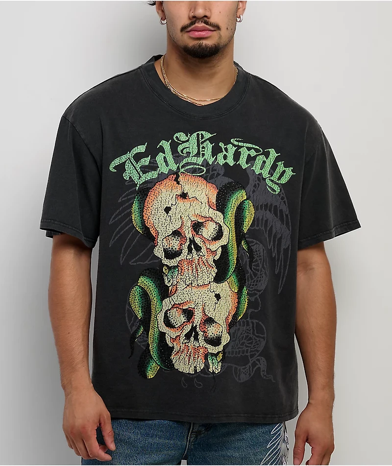 Ed Hardy Skull Snakes Rhinestone Vintage Black Boxy T-Shirt