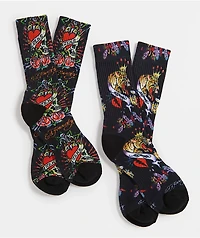 Ed Hardy Skull Tiger Black 2 Pack Crew Socks