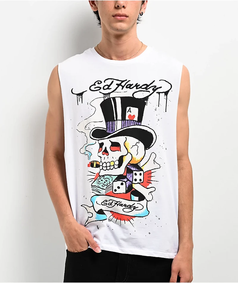 Ed Hardy Skull Top Hat White Tank