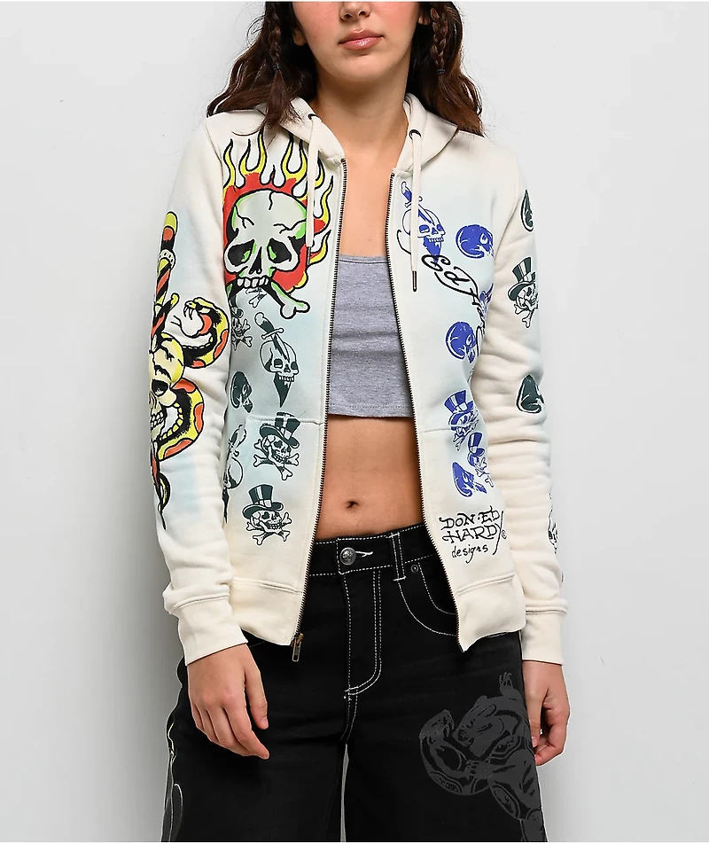 Ed Hardy Skulls Ivory Zip Hoodie