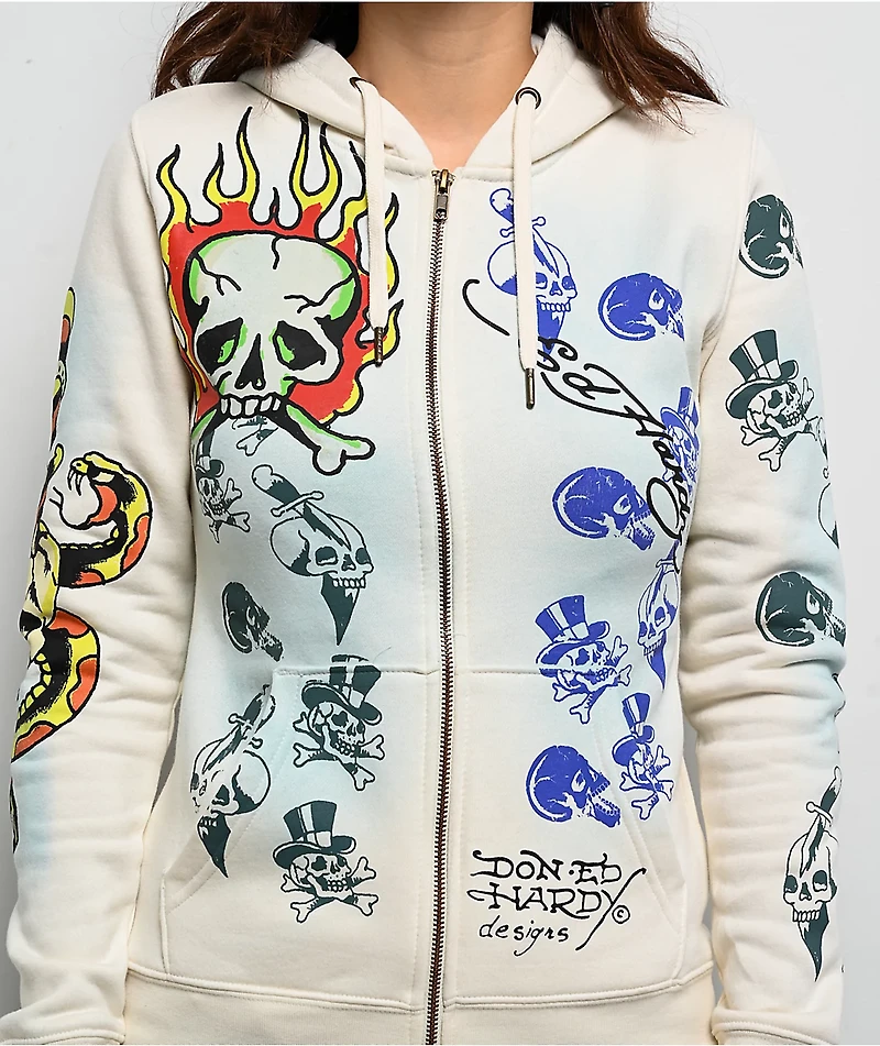 Ed Hardy Skulls Ivory Zip Hoodie