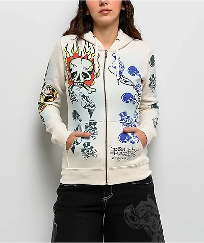 Ed Hardy Skulls Ivory Zip Hoodie