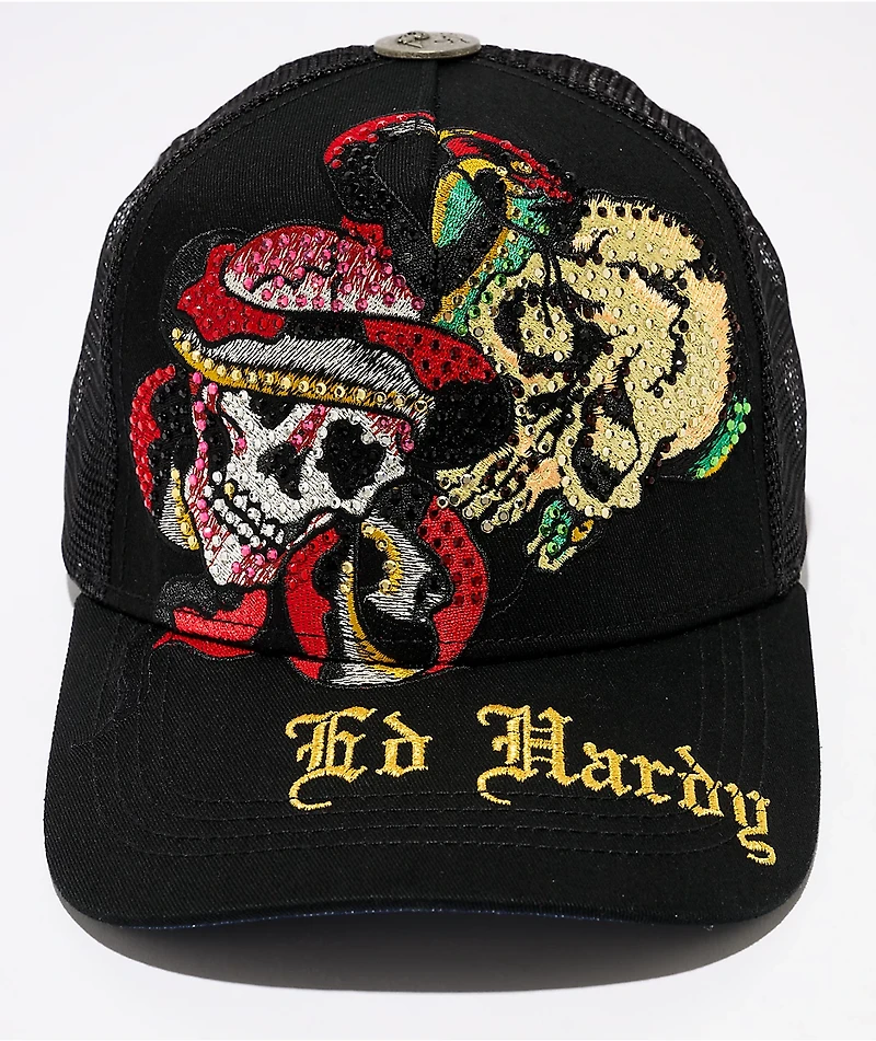 Ed Hardy Skulls Rhinestone Black Trucker Hat