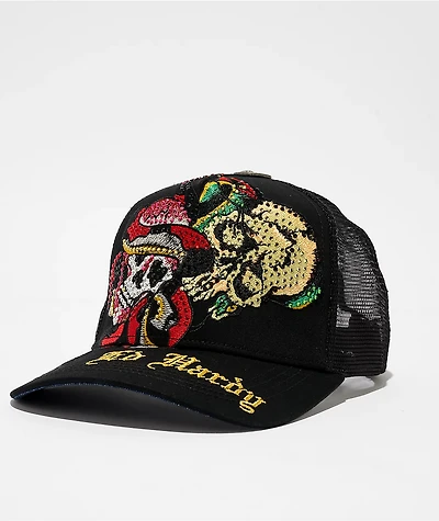 Ed Hardy Skulls Rhinestone Black Trucker Hat