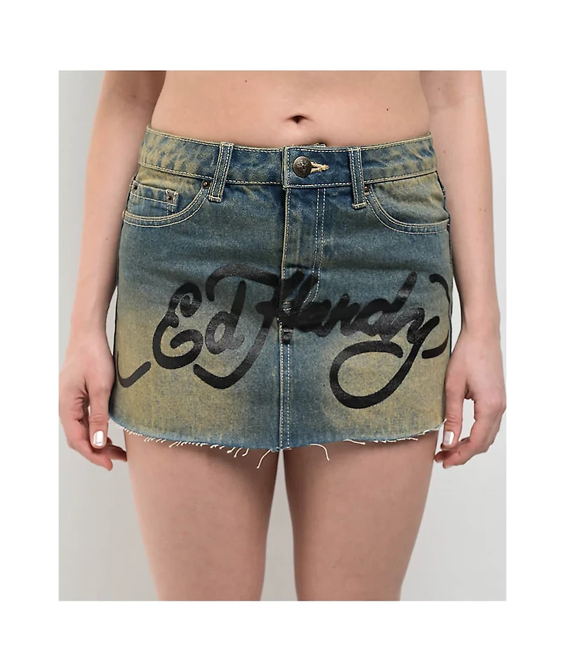Ed Hardy Snake Hearts Black Cutoff Denim Mini Skirt