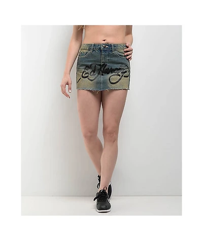 Ed Hardy Snake Hearts Y2K Tint Cutoff Denim Mini Skirt