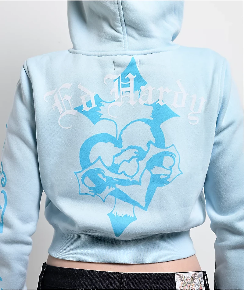 Ed Hardy Snow Leopard Rhinestone Baby Blue Crop Zip Hoodie