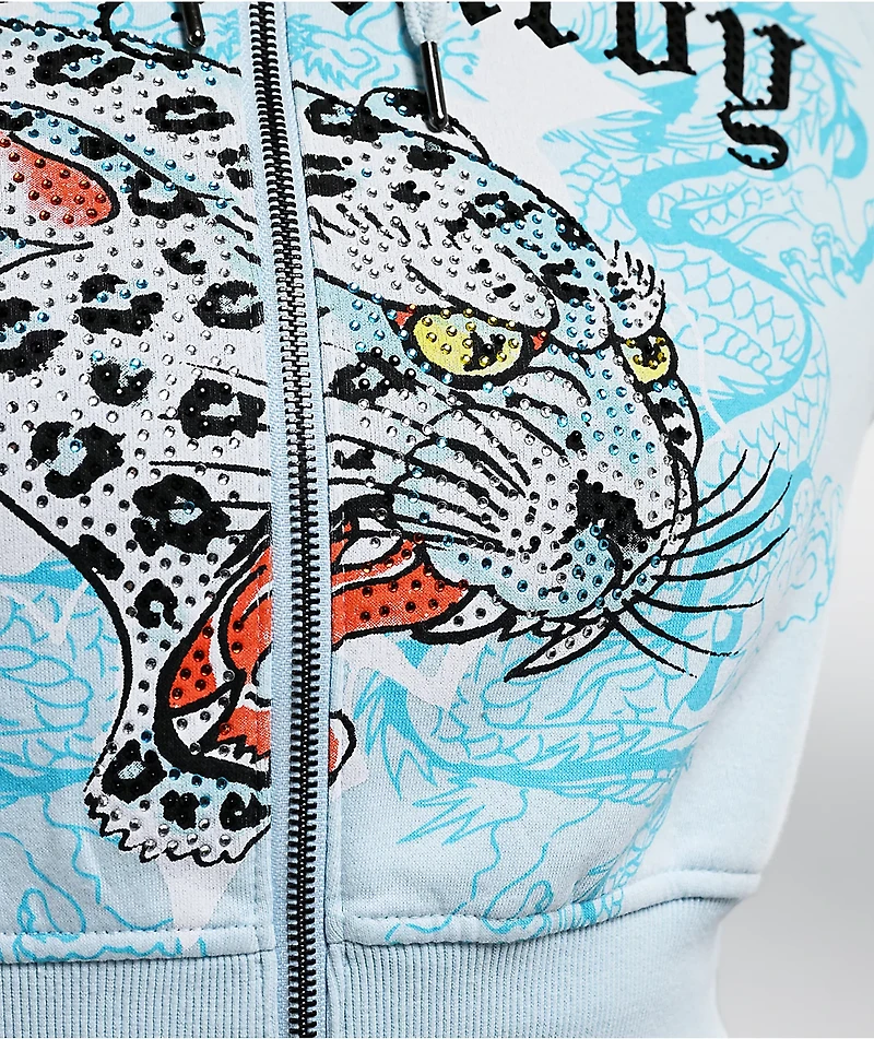 Ed Hardy Snow Leopard Rhinestone Baby Blue Crop Zip Hoodie