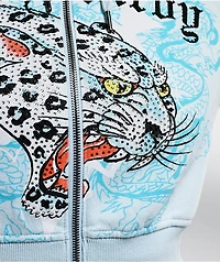 Ed Hardy Snow Leopard Rhinestone Baby Blue Crop Zip Hoodie