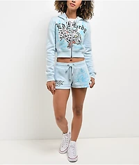 Ed Hardy Snow Leopard Rhinestone Baby Blue Crop Zip Hoodie